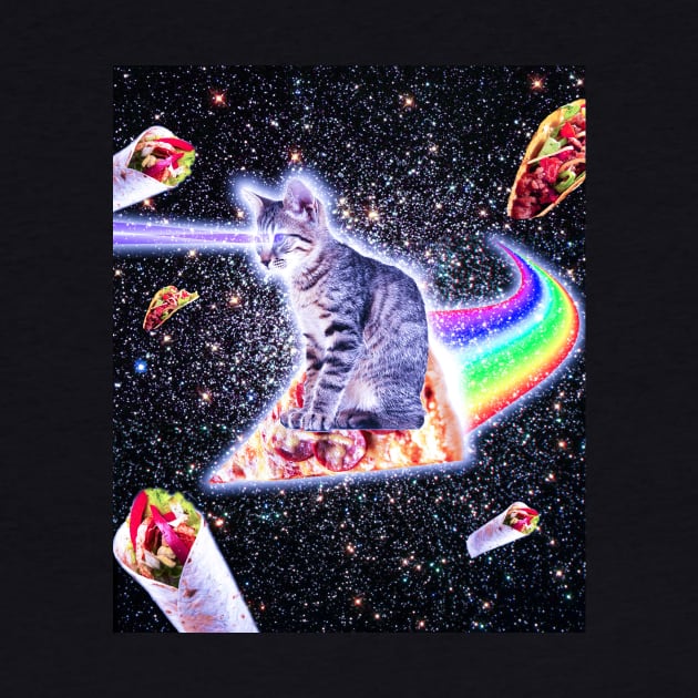 Laser Eyes Space Cat Riding Rainbow Pizza by Random Galaxy